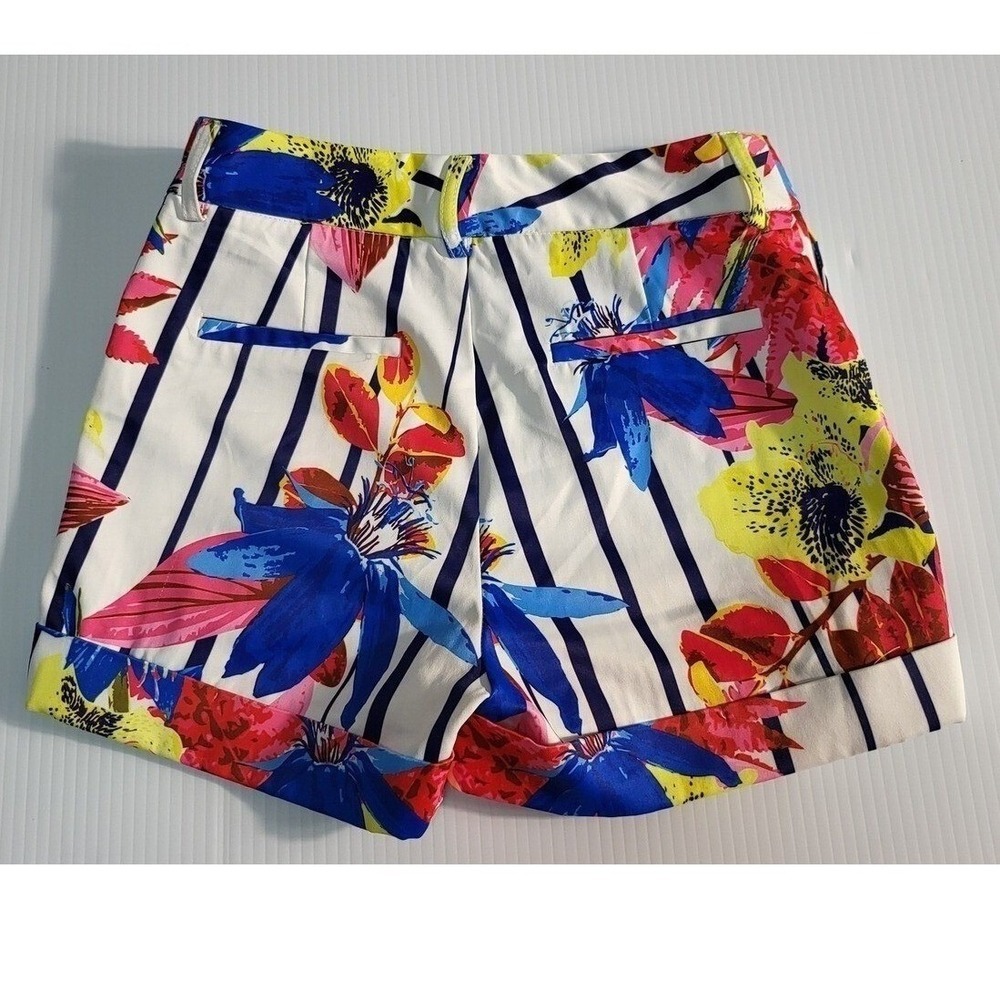 Ovi Womens Floral Striped Cuffed Shorts White Navy Blue Yellow Pink Size S - Picture 3 of 7